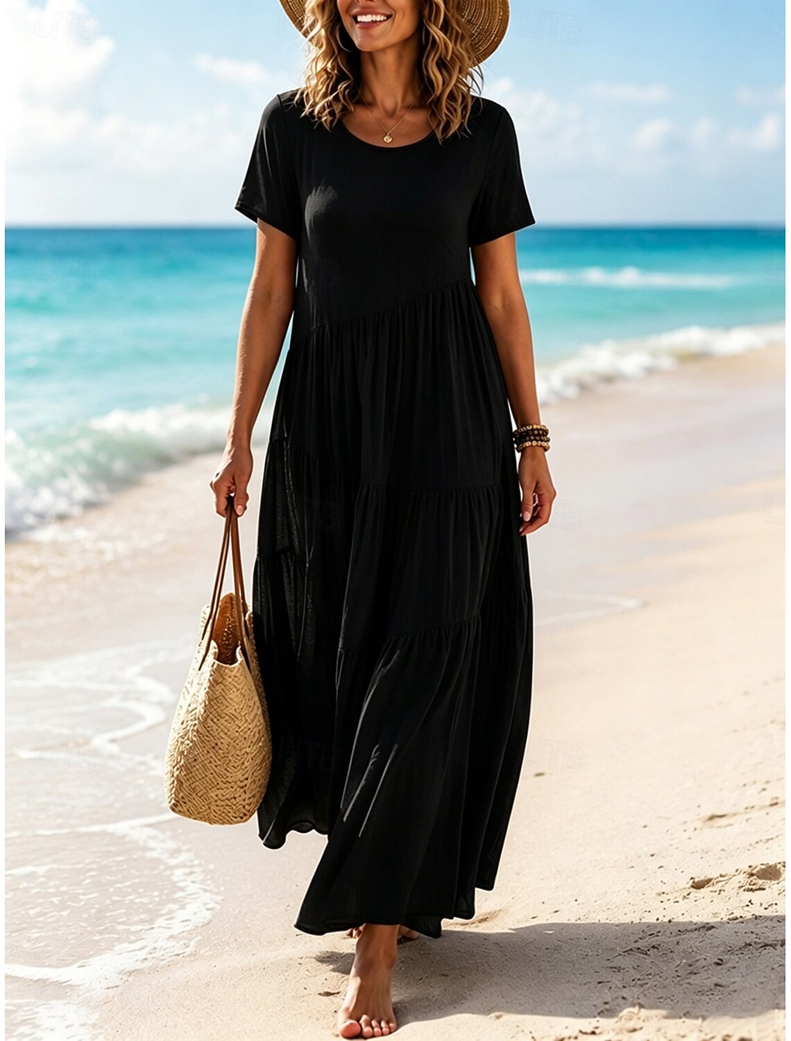 Women's Vintage Crew Neck Ruffle Pleated Asymmetric Maxi Dress Khaki Black White Pink Summer