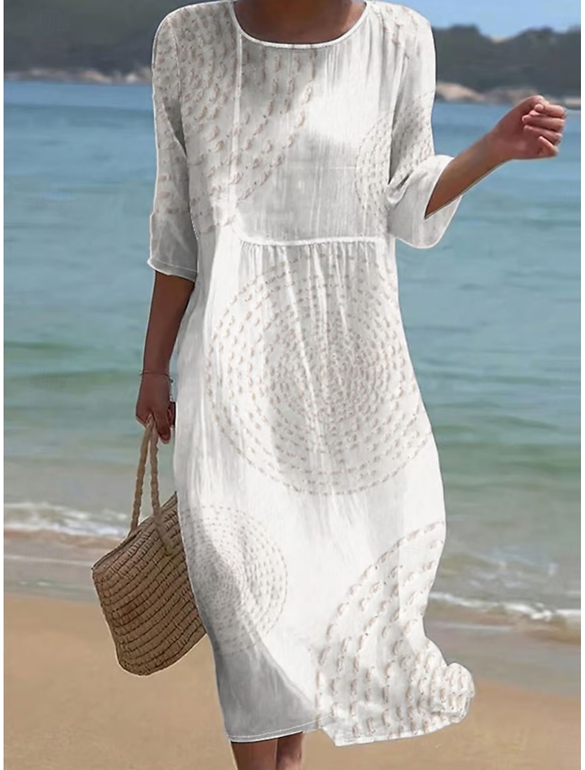 Women's Maxi Dress Linen Like Breathable Lightweight Kaftan 3/4 Length Sleeve Crew Neck Casual Dress A Line Dress Boho Regular Fit Graphic Abstract White Blue Green Khaki Spring Fall