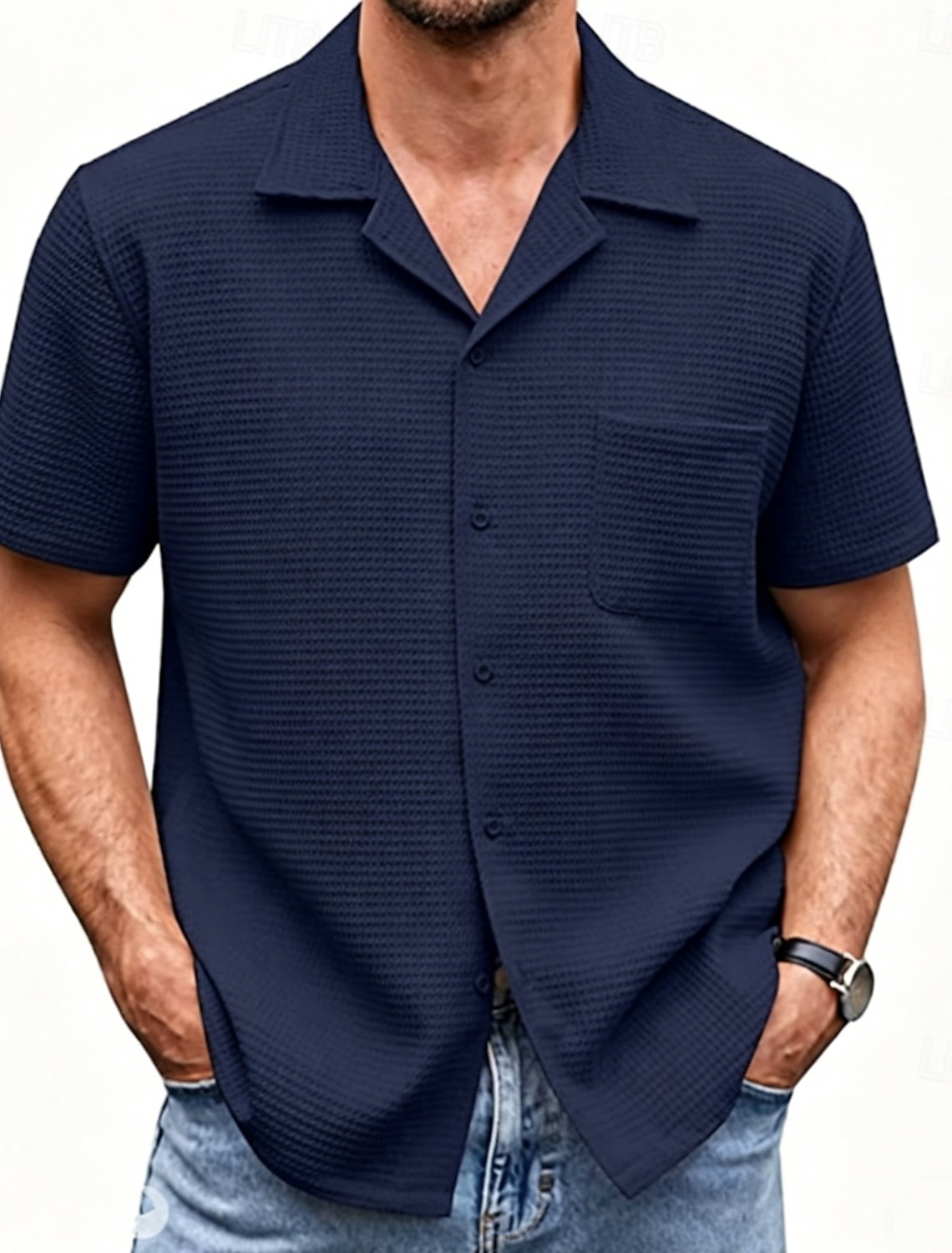 Men's Shirt Waffle Shirt Casual Shirt Button Up Shirt Jacquard Shirt Black White Pink Navy Blue Purple Short Sleeve Plain Shirt Collar Casual Daily Front Pocket Clothing Apparel Elegant Fashion Casual