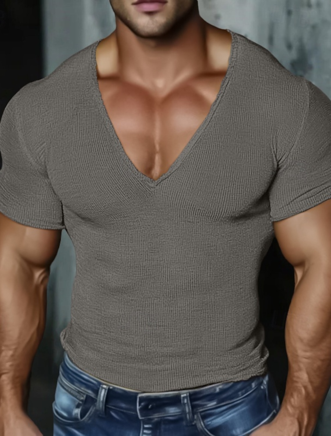 Men's Knit Tee Top Cotton Blend T-Shirt Short Sleeve V Neck Summer