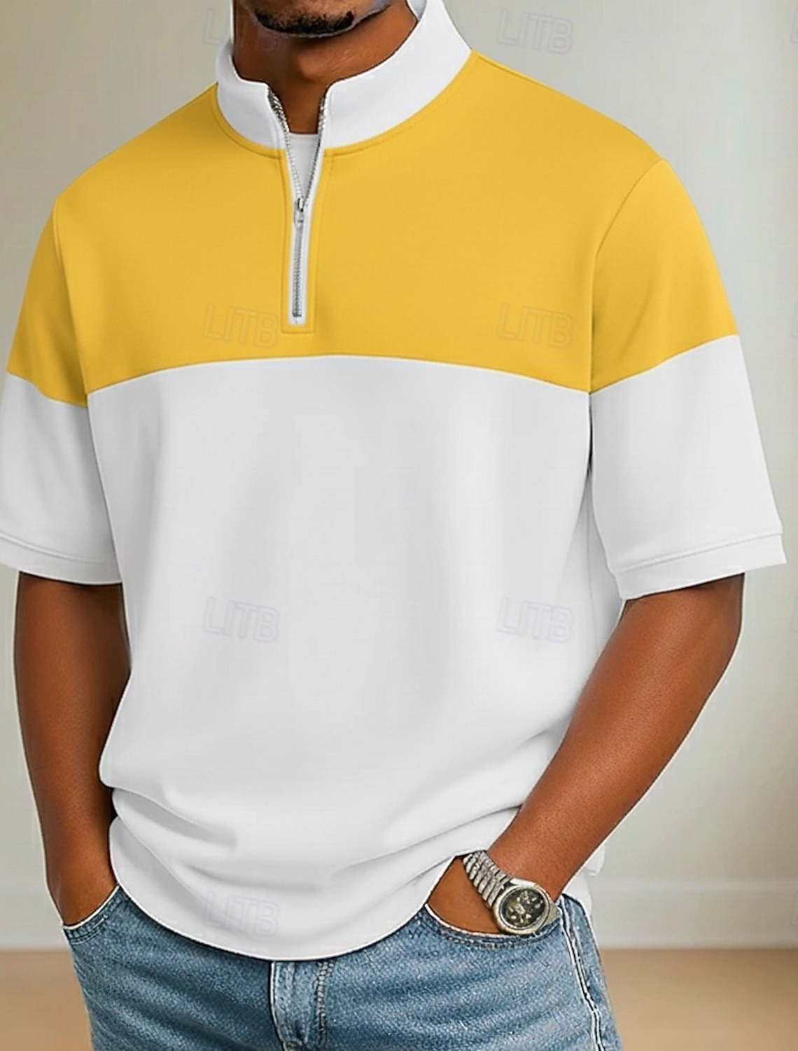 Men's Color Block Zip Polo Shirts Long Sleeve Grandad Collar Casual