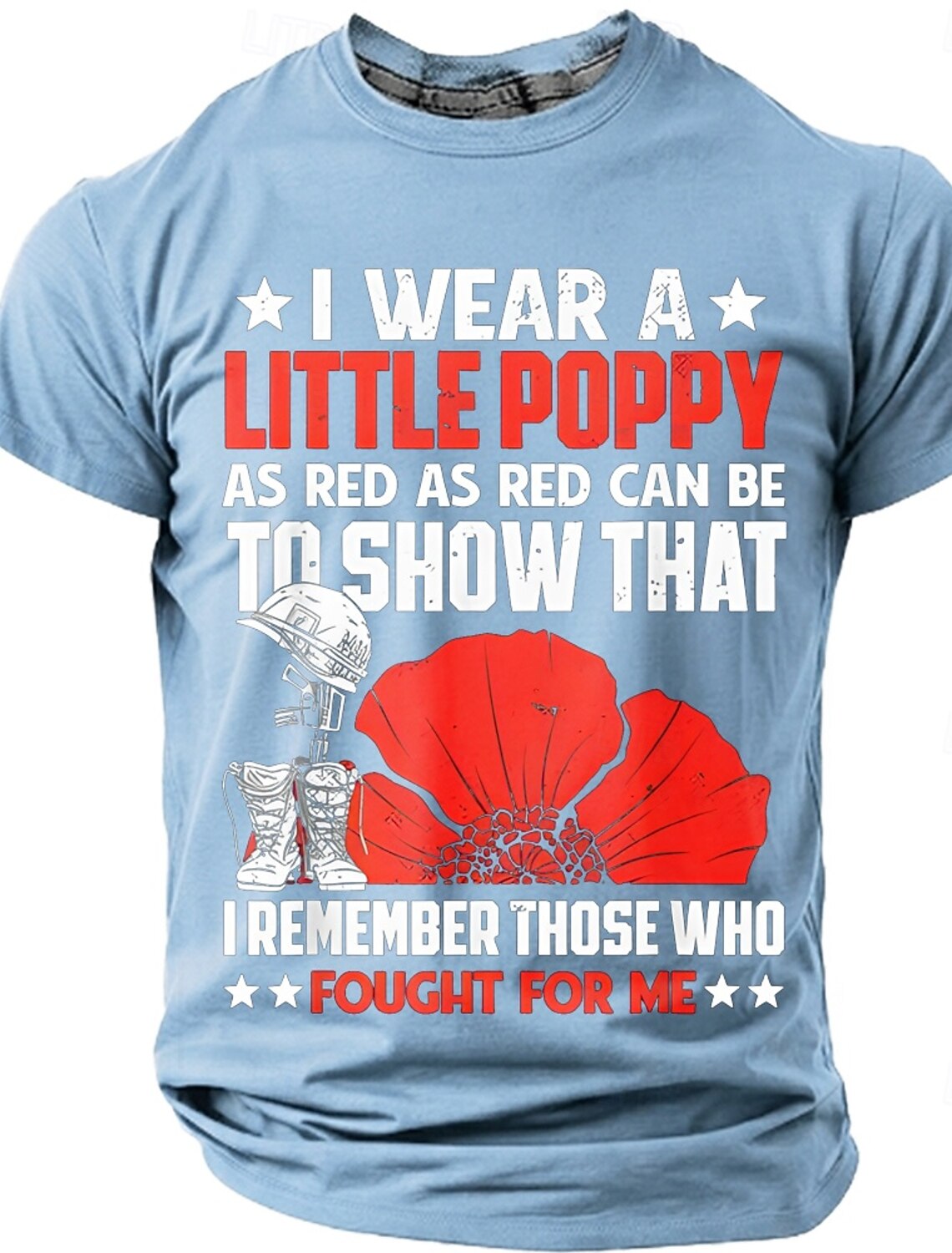Memorial Day Remembrance Day I Wear A Little Poppy As Red As Red Can Be Men's Soldier Helmet Red Poppy Patriotic Graphic T Shirt Short Sleeve Crew Neck Tee Designer Clothing Apparel S M L XL XXL XXXL