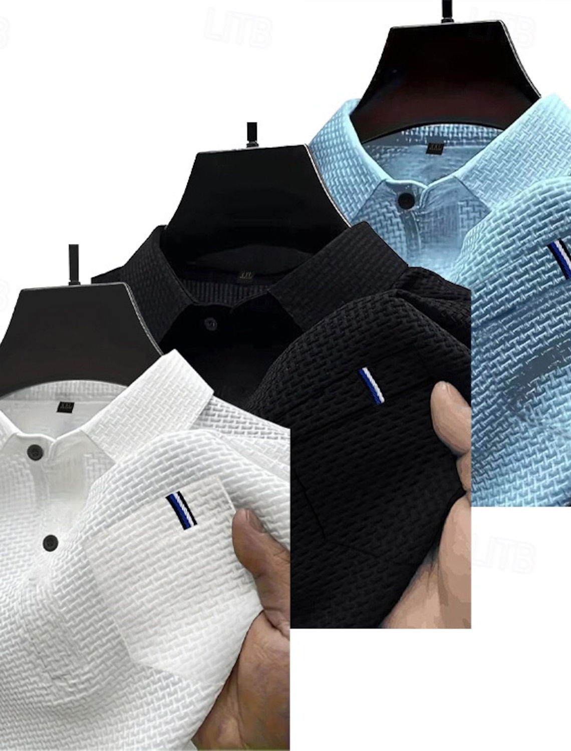 Multi Packs 3pcs Men's Lapel Short Sleeves White+Black+Blue Ice Silk Seersucker Polo Button Up Polos Golf Shirt Jacquard Plain Vacation Daily Wear Polyester Summer