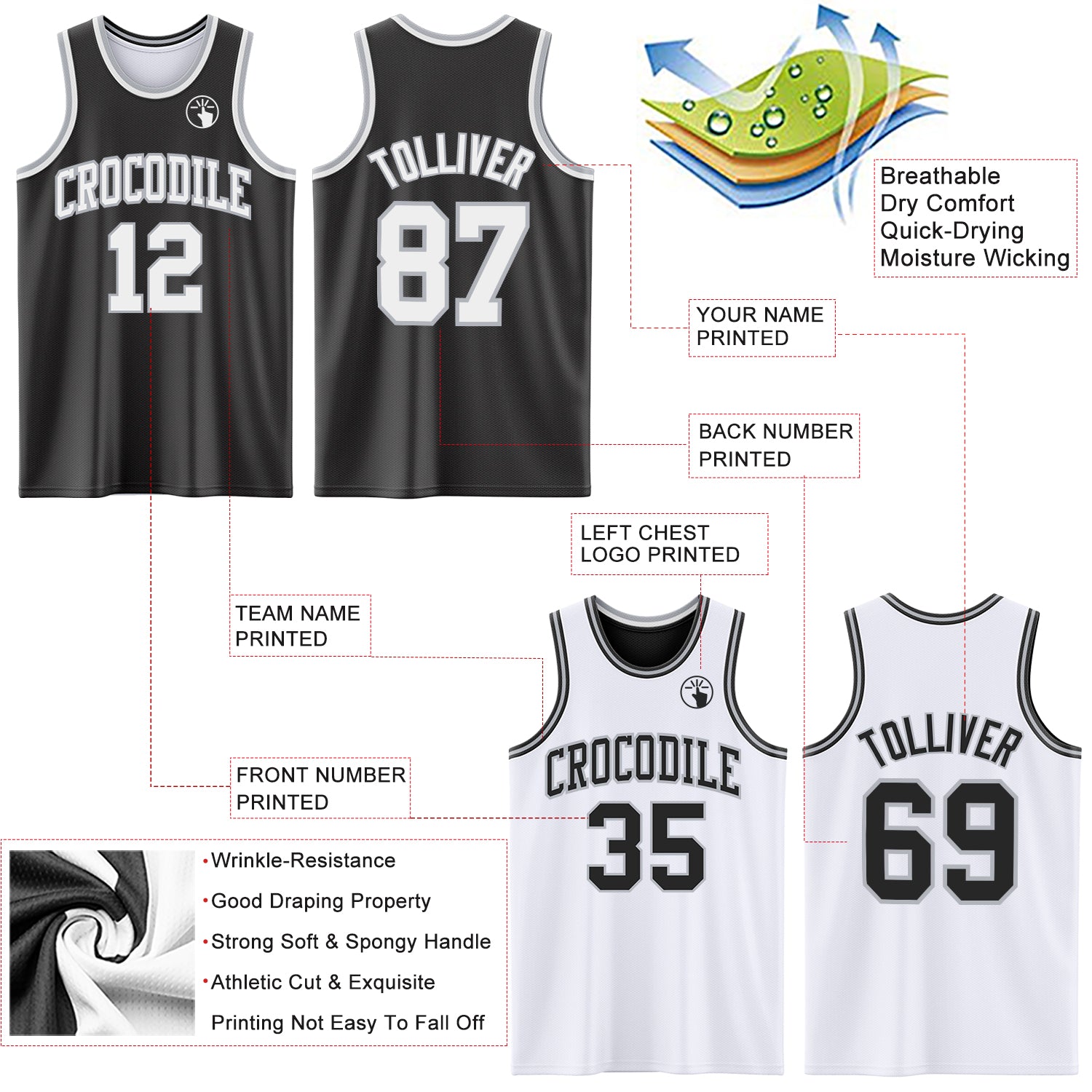 Custom Reversible Black White-Gray Double Side Basketball Jersey