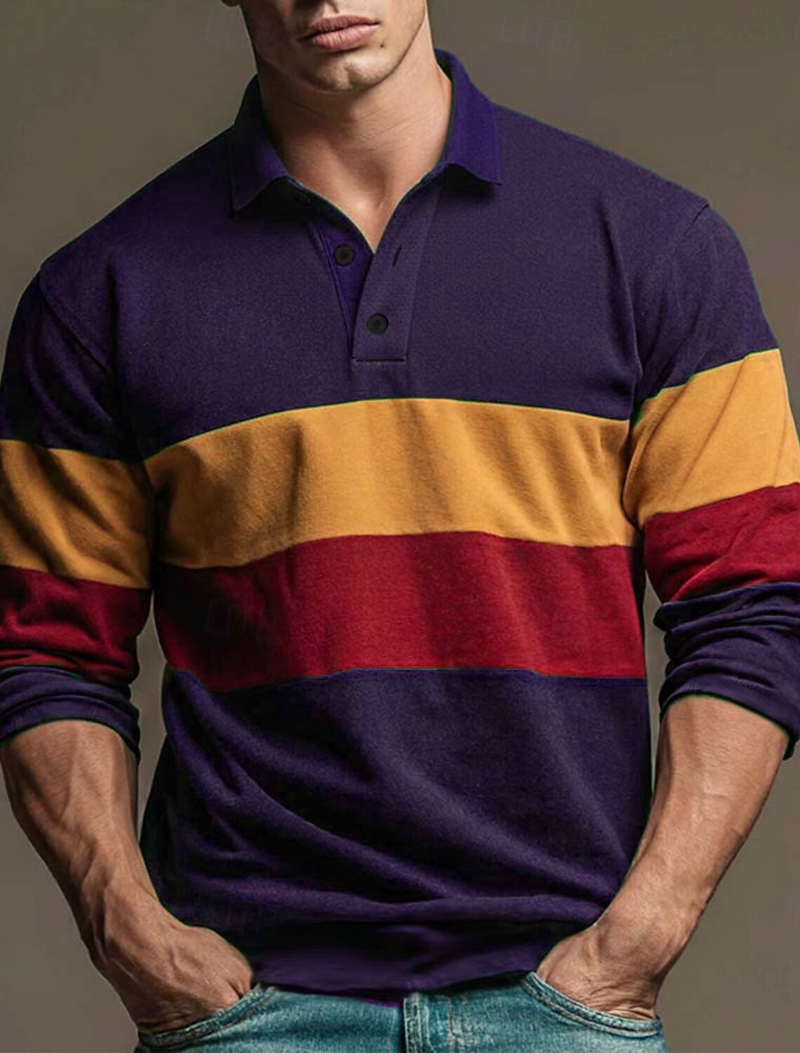 Men's Color Block Stripes Rugby Polo Long Sleeve Shirts Collared
