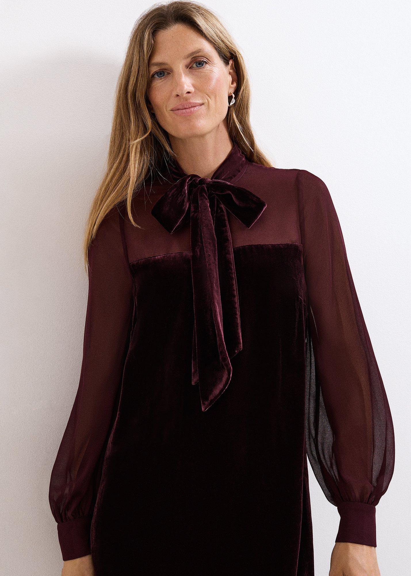 Vinnie Burgundy Velvet Pussy Bow Dress