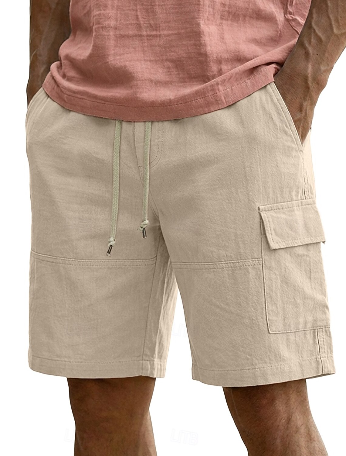 Men's Cargo Shorts Linen Summer Beach Drawstring Elastic Waist