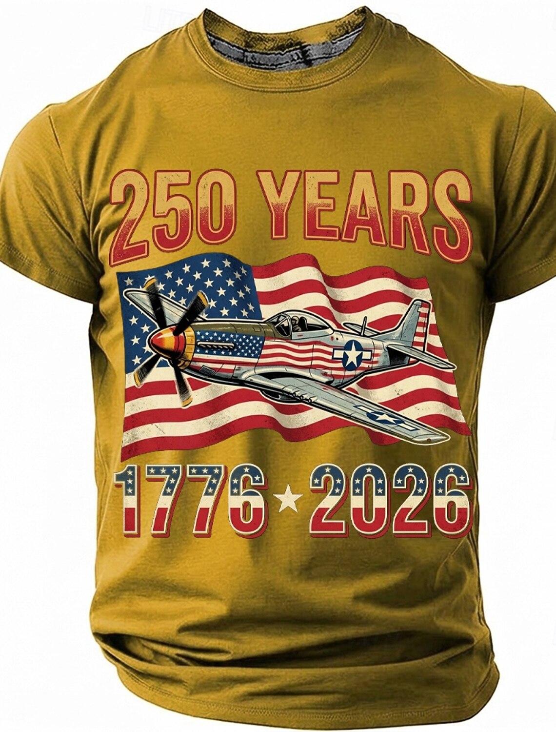 250th Anniversary July 4th 2026 Men's 250 Years 1776-2026 P-51 Mustang Fighter Plane Graphic T Shirt Short Sleeve Crew Neck Patriotic USA Flag Aviation Veteran Gift Designer Clothing Apparel