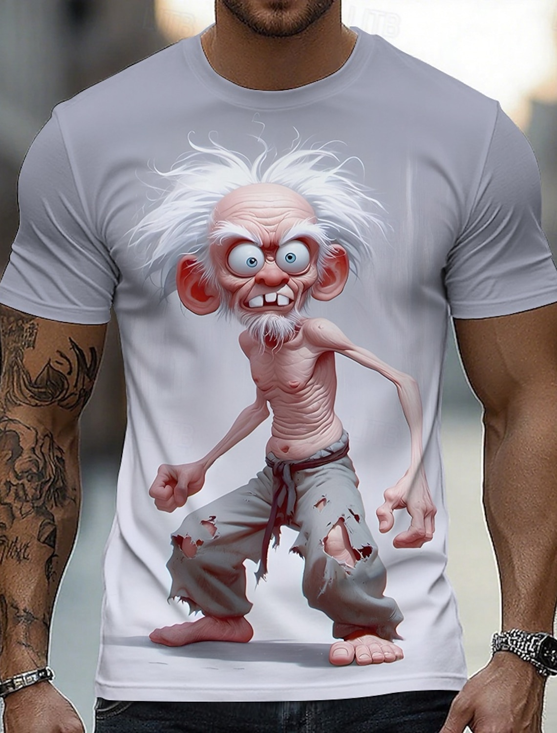 Funny 3D Graphic Cool Old Man with White Beard & Sunglasses Men's Teal T-Shirt - Quirky Grandpa Caricature Design Short Sleeve Crew Neck Summer Beach Holiday Tee - Unique Father's Day Gift Apparel