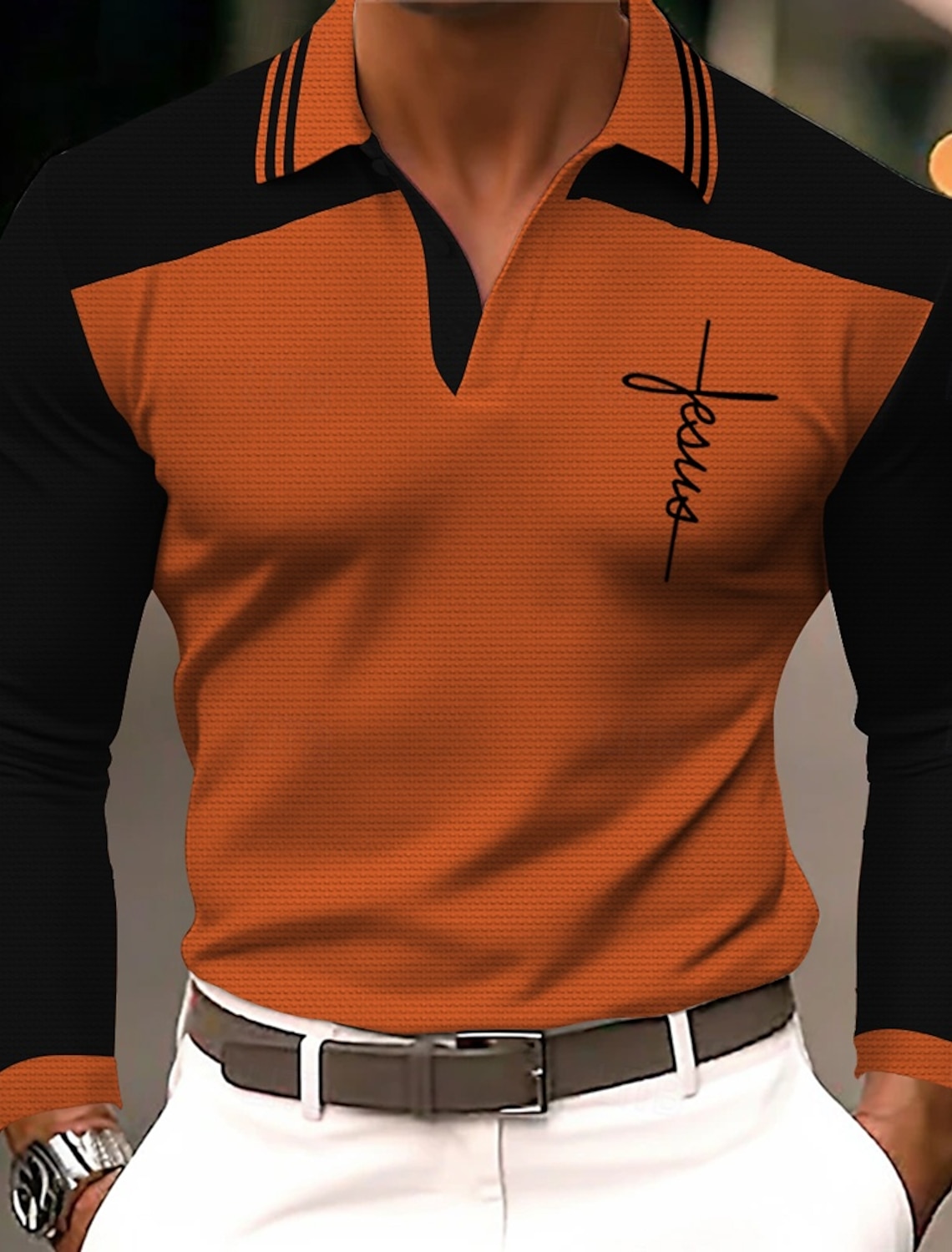 Men's Faith Polo Shirts Golf Shirt Long Sleeve Polo Shirts Collared Shirts WorkWear Formal Wear Festival Wear 3D Print Buttons Fall & Winter Orange