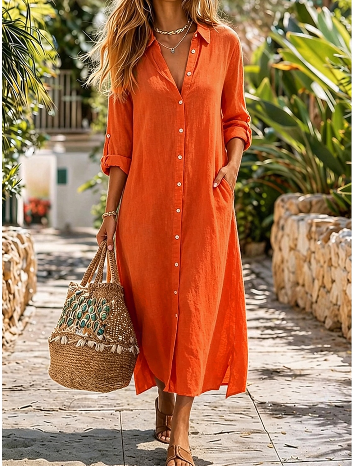 Womens Midi Dress Cotton Linen Washed Shift Dress Basic Daily Loose Fit Plain Long Sleeve Shirt Collar Summer Spring Fall
