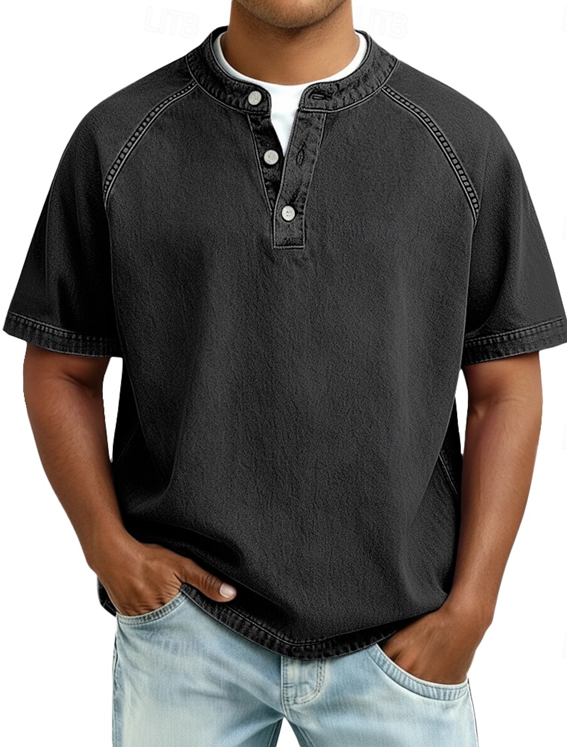 Men's T Shirt Henley 100% Cotton Acid Wash Tee Top Short Sleeve Plain