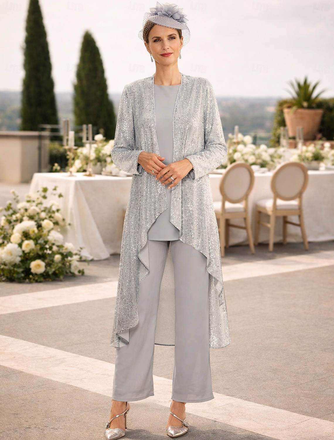 Jumpsuit Pantsuit 3 Piece Floor Length Mother of the Bride Dress Sleeveless Scoop Neck Elegant Wedding Guest Chiffon Lace Wrap Included with Sequin
