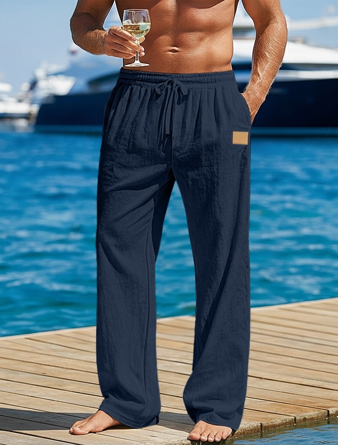 Men's Linen Pants Trousers Summer Pants Baggy Pants Beach Pants Drawstring Elastic Waist Straight Leg Solid Color Plain Comfort Comfortable Full Length Outdoor Beach Holiday Vacation Fashion Black