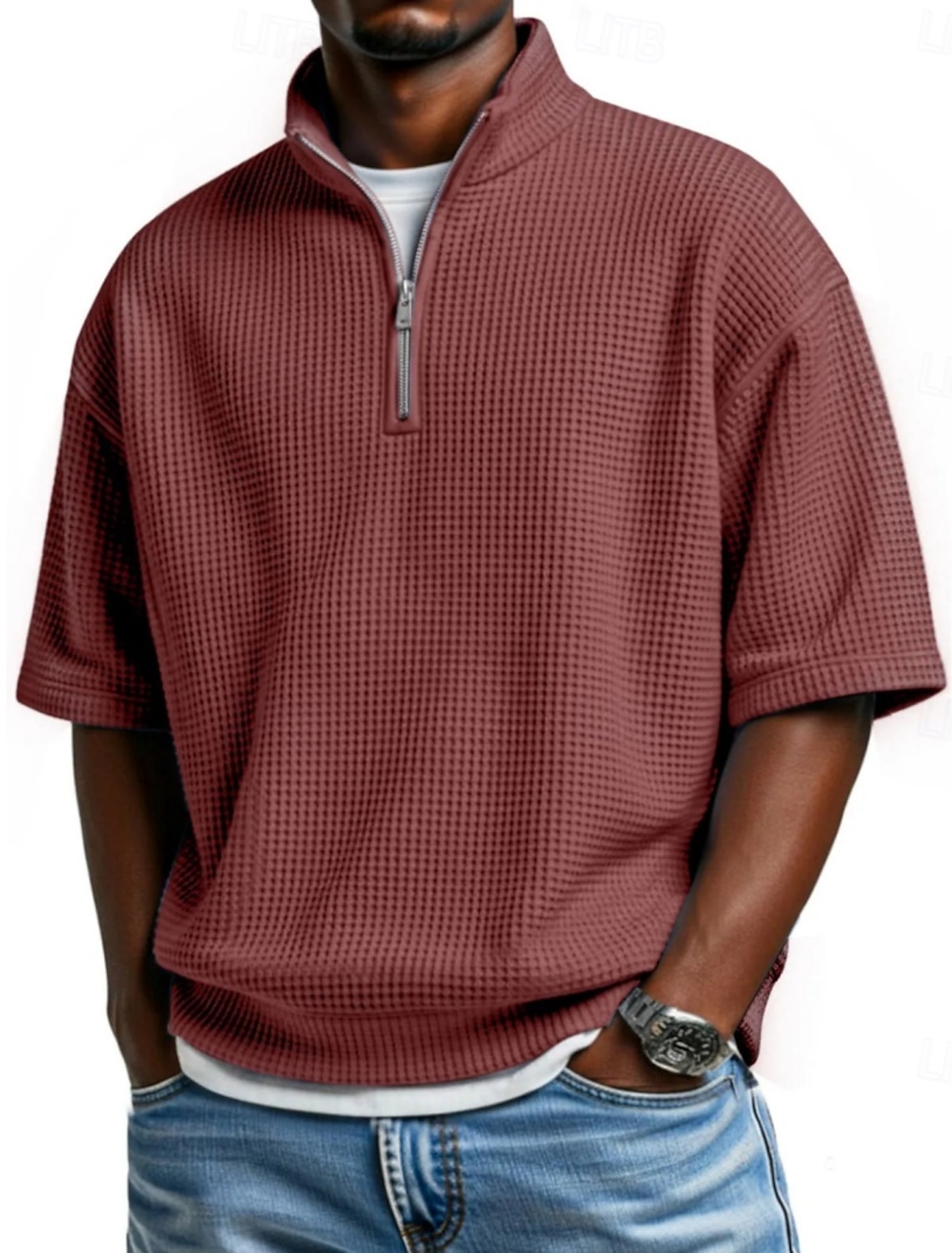 Men's Waffle Polo Shirts Polo Shirts Casual Daily Quarter Zip Short Sleeve Fashion Basic Plain Zipper Lightweight Summer Spring Regular Fit Wine Black White Navy Blue Sky Blue Purple Waffle Polo