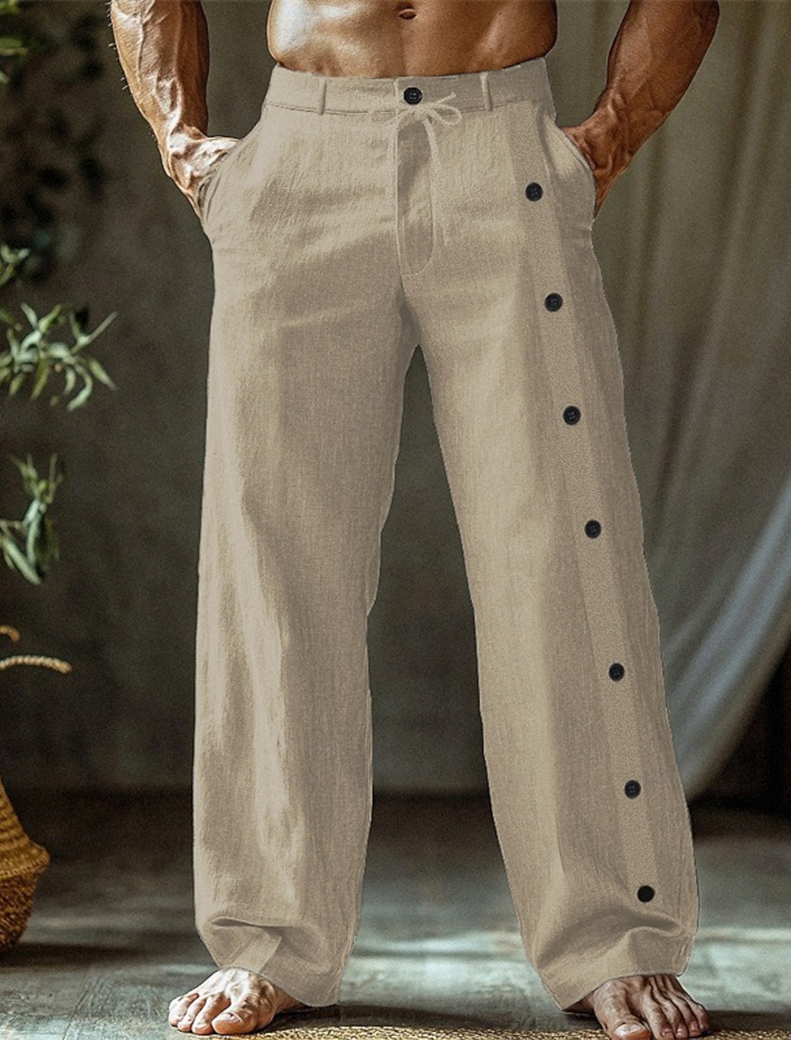 Men's Linen Pants Trousers Summer Pants Beach Pants Buttons Pocket Straight Leg Plain Comfort Breathable Vacation Daily Holiday Hawaiian Boho Black White