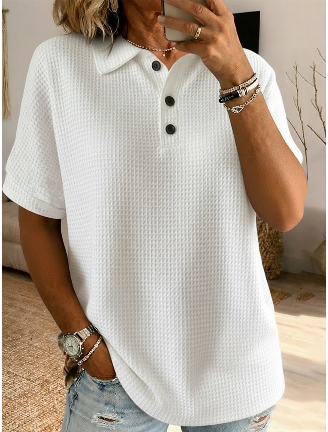 Women's Waffle Shirt T Shirt Polo Shirts Tee Buttons Plain Stylish Classic Modern Short Sleeve Shirt Collar Regular Tops Daily Holiday Going out Black White Red Sky Blue Summer Spring