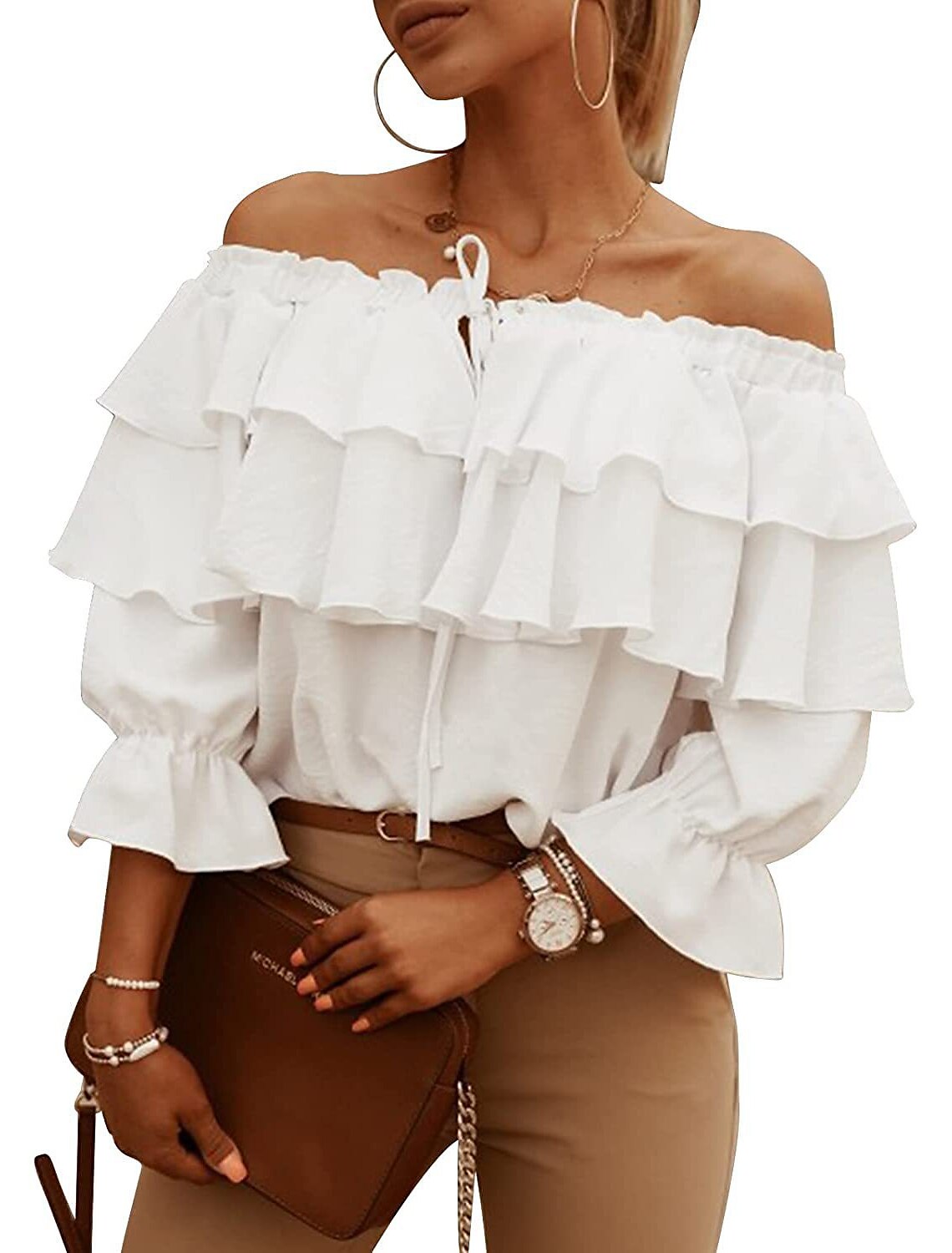 Shirt Blouse Women's Solid / Plain Color Lace up Ruffle Daily Fashion Off Shoulder Regular Fit S