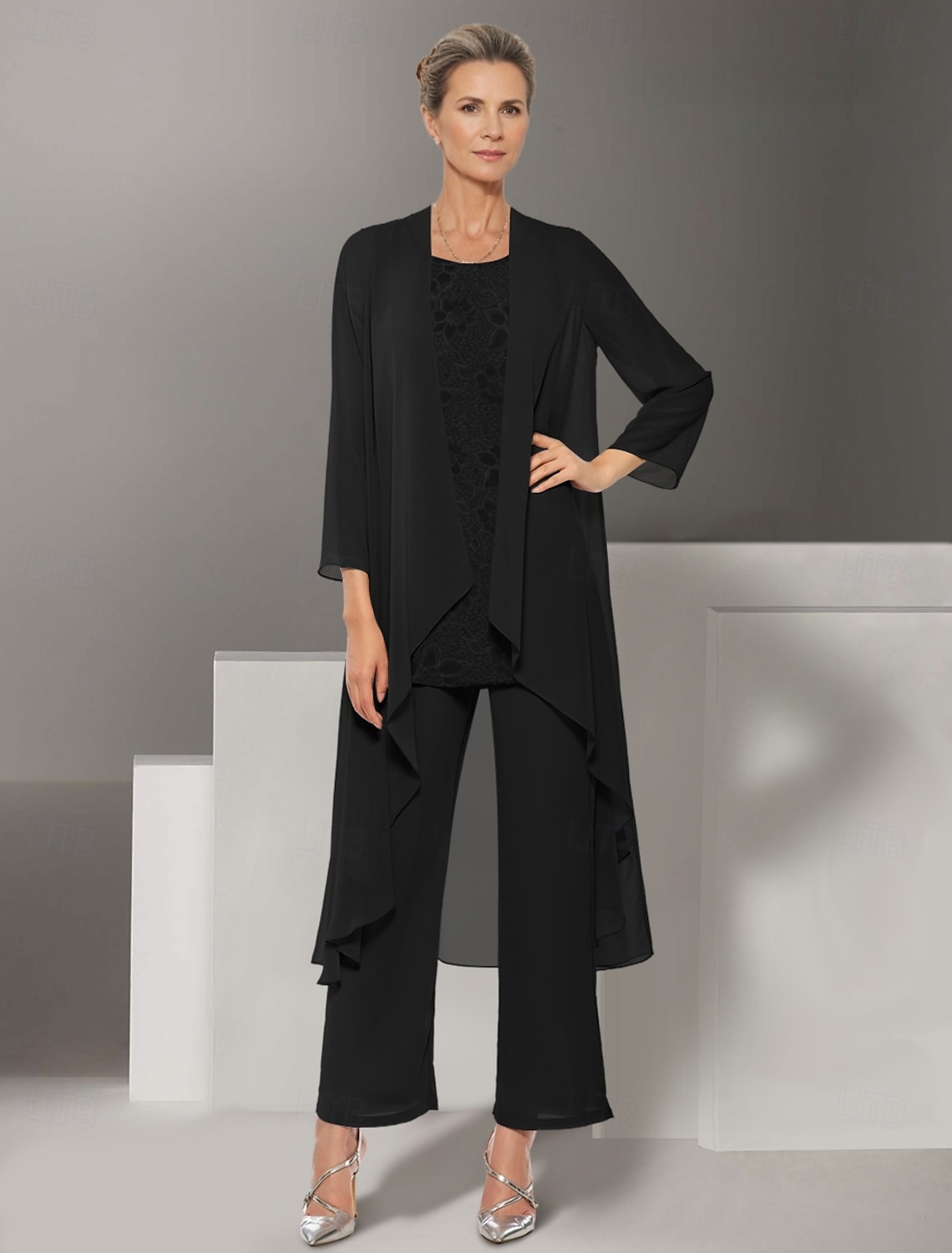 Jumpsuit Pantsuit 3 Piece Floor Length Mother of the Bride Dress Long Sleeve Jewel Neck Elegant Formal Wedding Guest Chiffon Wrap Included with Lace Solid Color