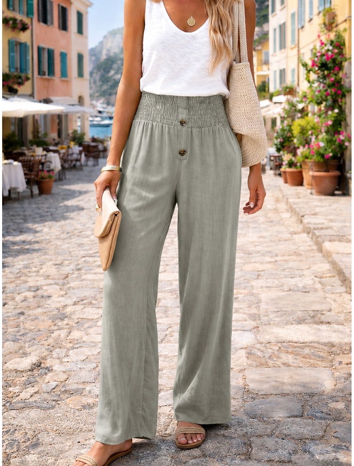 Women's Cotton Linen Pants Wide Leg Chinos Summer Pants Vacation Streetwear Basic Full Length Medium Waist Plain Pocket Elastic Waist Comfy Comfort Micro-elastic Outdoor Vacation Street claret Grey