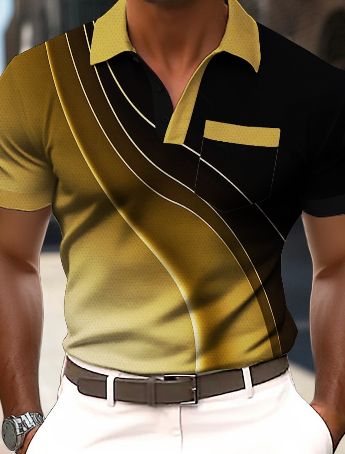 Men's Geometric Line Polo Short Sleeve Shirts Collared Business Casual