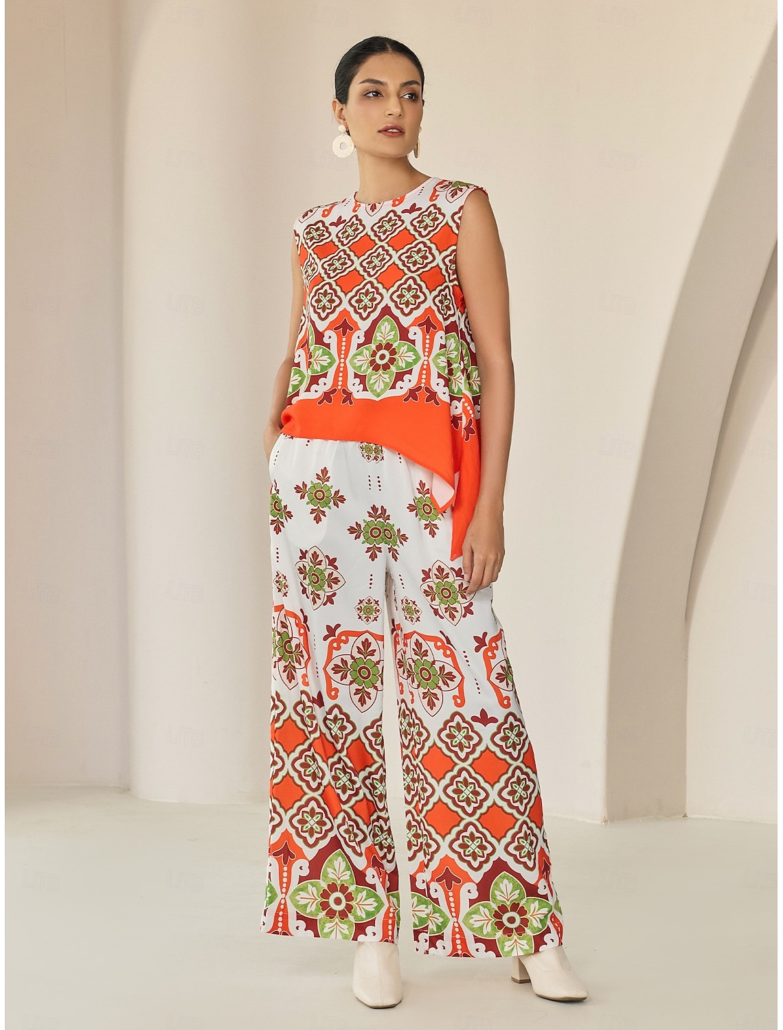 Satin Boho Double Slit Crew Neck Sleeveless Tank Top