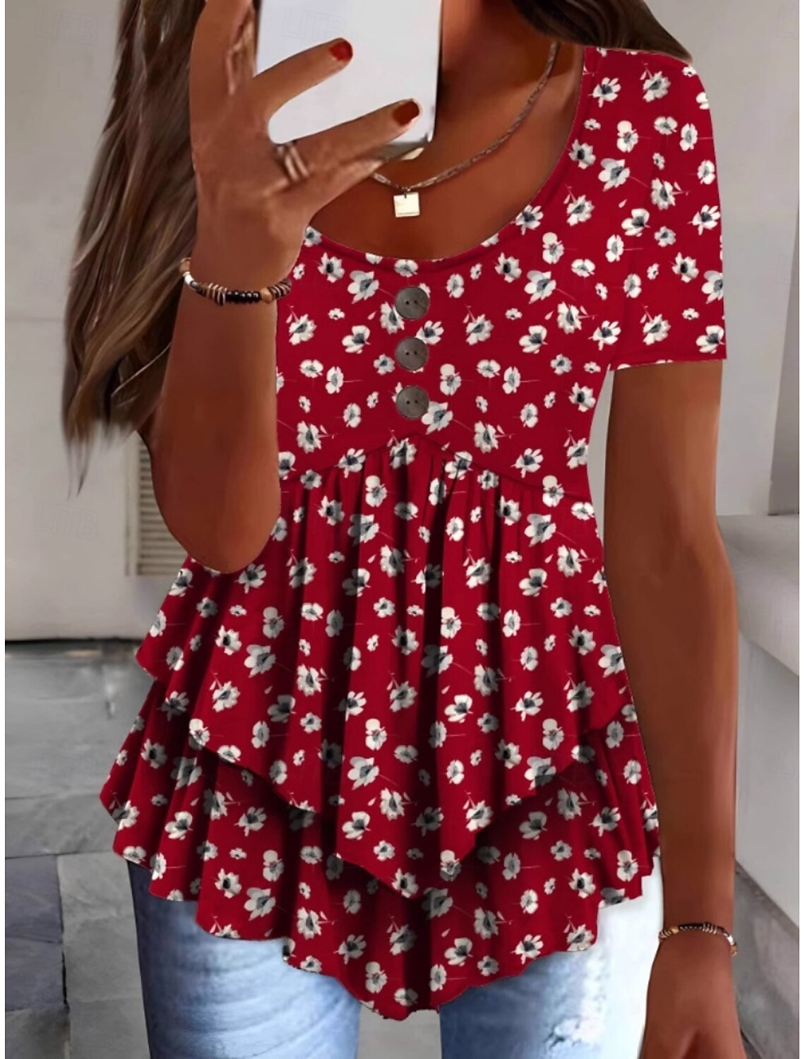 Women's Blouse Peplum Floral Stylish Casual Short Sleeve Crew Neck Regular Tops Daily Ruffle Buttons Print White Pink Red Navy Blue Blue Summer Spring