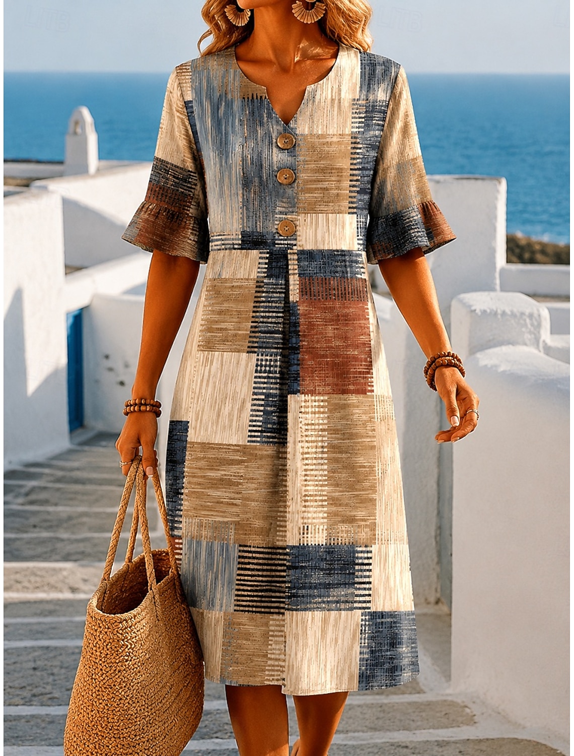 Women's Midi Dress Sundress A Line Dress Summer Dress Vacation Casual Daily Beach Holiday Regular Fit Graphic Geometric Color Block Half Sleeve V Neck Yellow Wine Camel Green Summer Spring