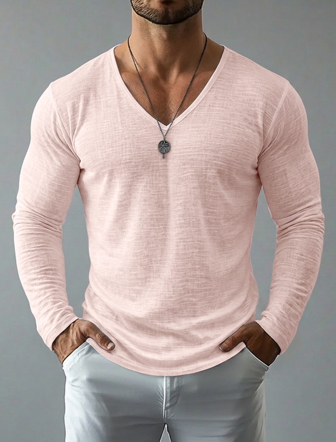 Men's Tee Top Linen T-Shirt Long Sleeve V Neck Spring & Summer Summer Spring Solid Color Daily Casual Street Style Plain Casual Outdoor Street Blue Lake blue Black Top Tee for Men
