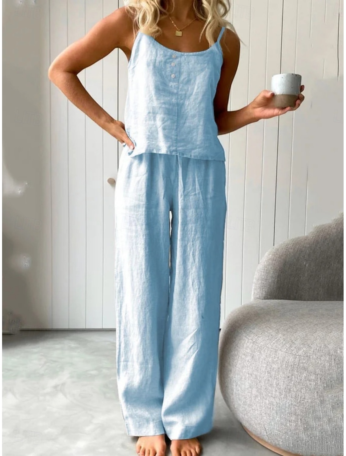Women's Cotton Linen Sets Two Piece Sets Camis Sleeveless Crew Neck Plain Fashion Streetwear Casual Daily Outdoor Blue White Light Grey Summer Regular Fit
