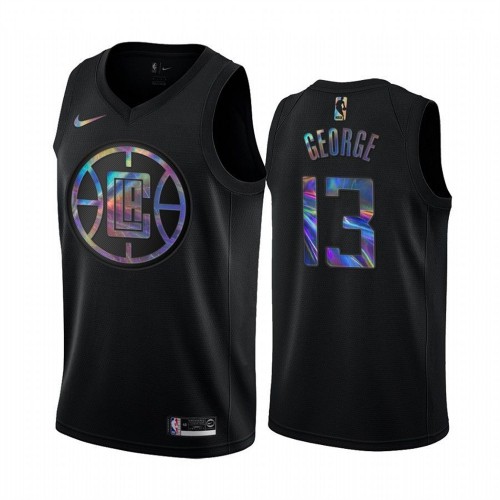 Nike Los Angeles Clippers #13 Paul George Mens Iridescent Holographic Collection NBA Jersey ¨C Black Mens