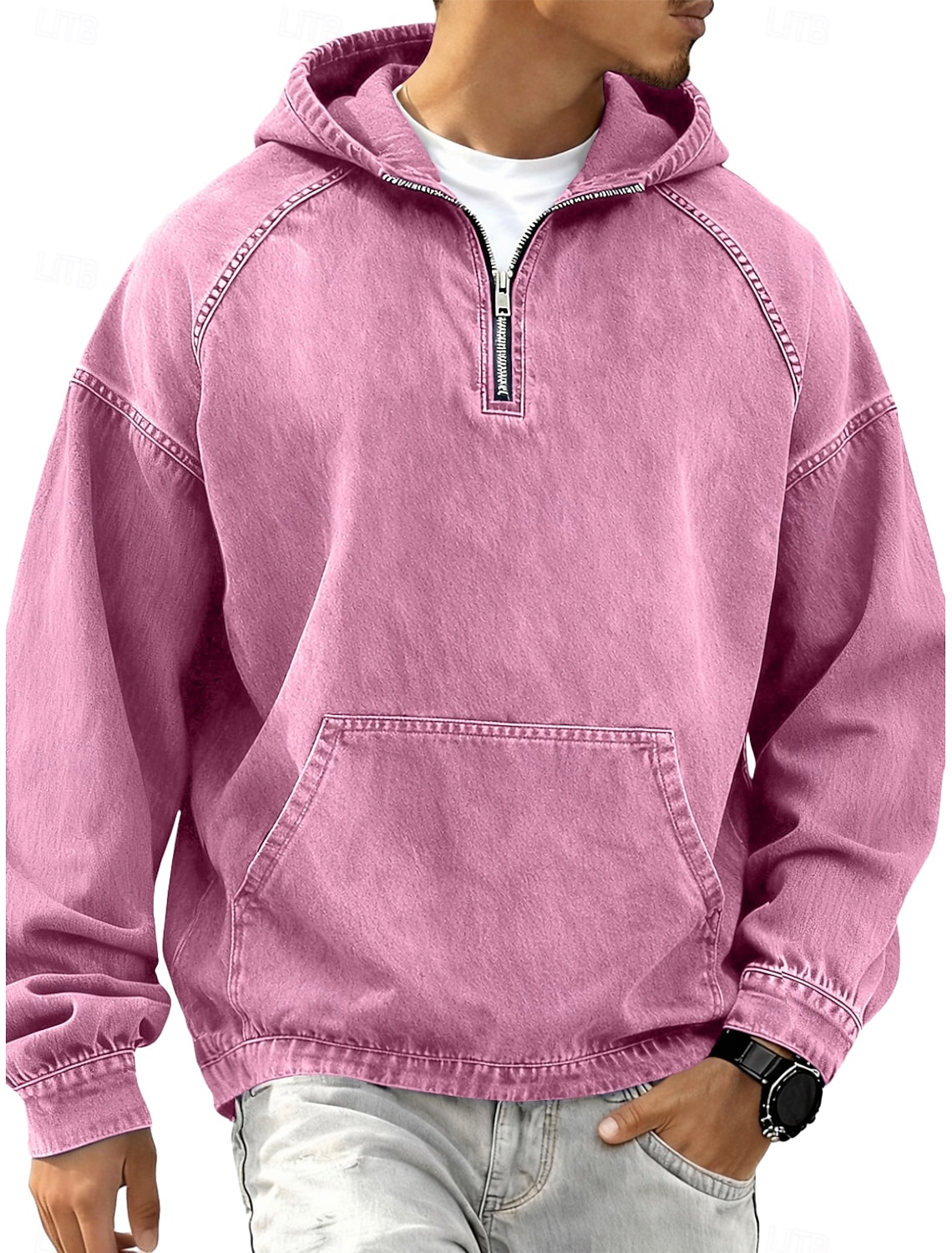 Men's Denim Shirt 100% Cotton Acid Wash Tee Top Long Sleeve Hooded