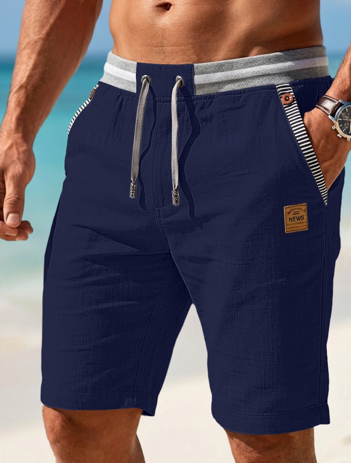 Men's Shorts Linen Summer Beach Drawstring Pocket Elastic Waist Color