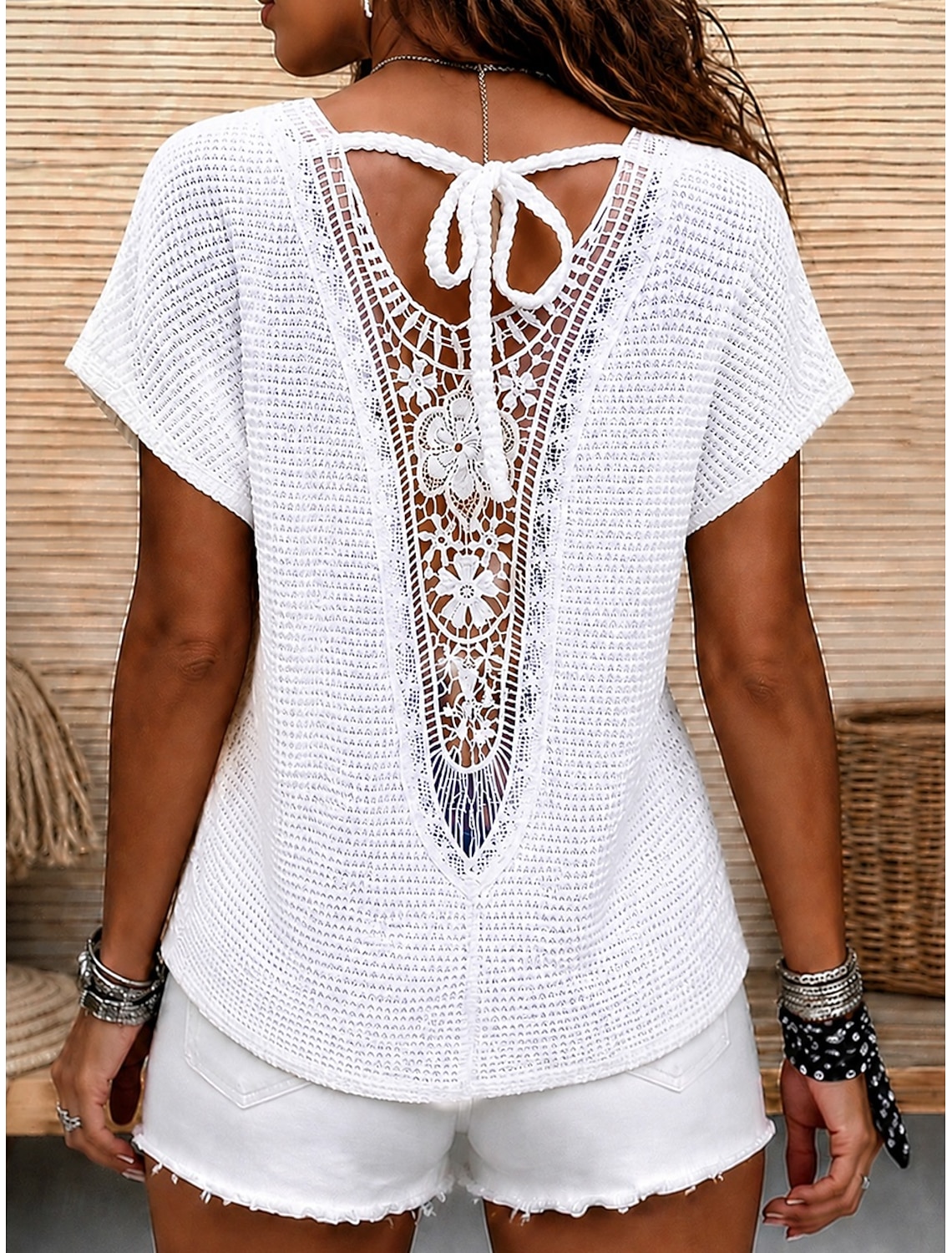 Women's Blouse Lace Solid Color Stylish Casual Short Sleeve V Neck Regular Tops Daily Blue Black White Orange Grey Summer Spring Fall