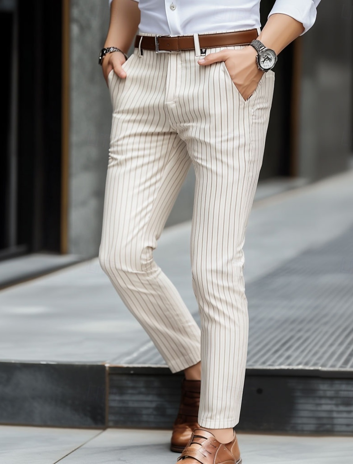 Men's Geometric Striped Dress Pants Trousers Mid Waist Business Casual Outdoor Vacation Streetwear with Pockets Slim Fit Flat-Front Summer Spring Fall 3D Print Black khaki