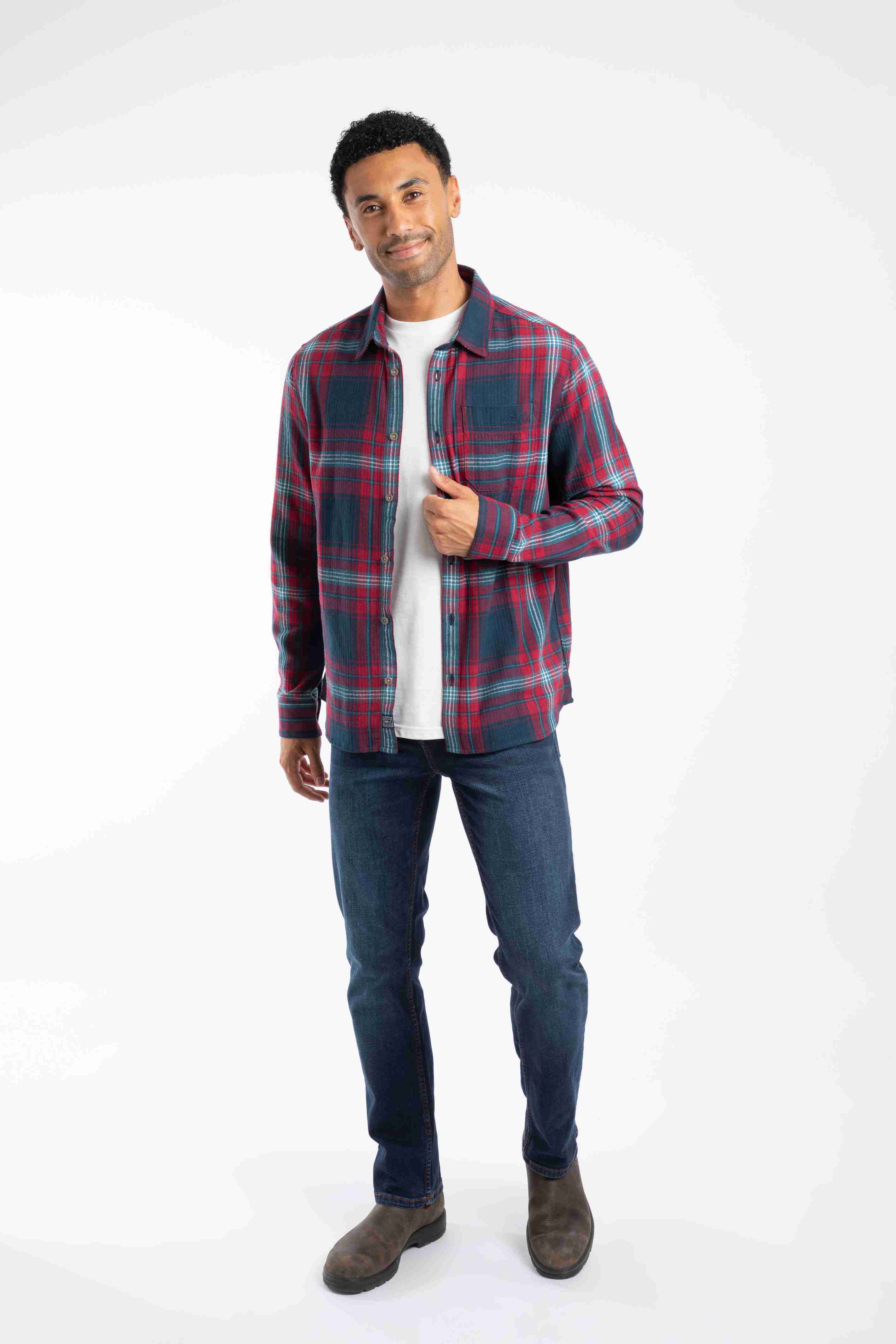 Broxton Organic Cotton Long Sleeve Herringbone Check Shirt Burgundy