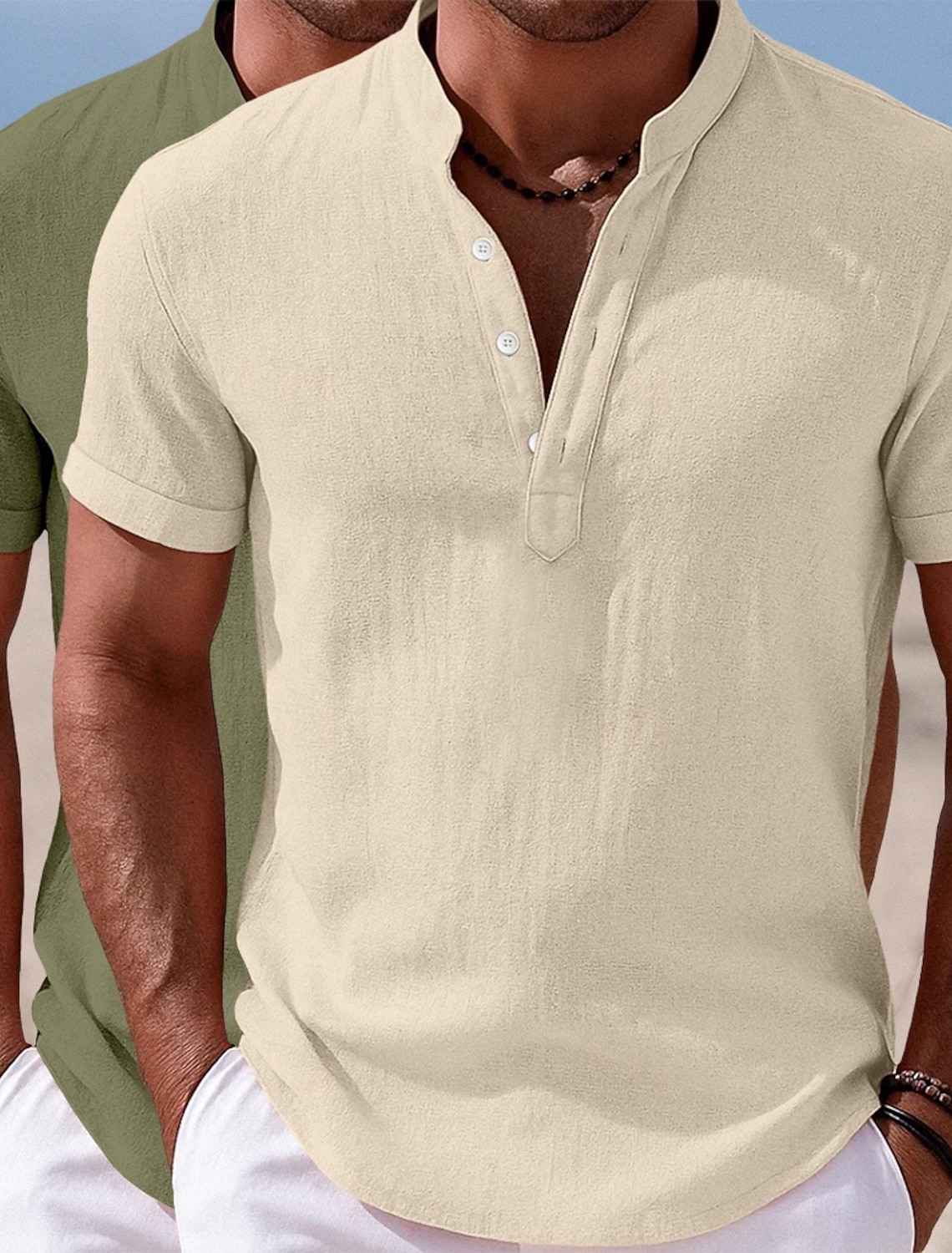 Men Shirt Linen Shirt Popover Shirt Summer Shirt Beach Wear Band Collar Shirt Plain Casual Daily Green+Gray White+Pink Black+Navy Blue Green+Khaki Short Sleeve Henley Summer Clothing Apparel