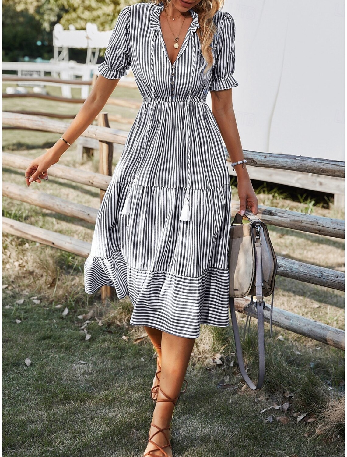 Women's Midi Dress Casual Dress Swing Dress Elegant Fashion Modern Outdoor Vacation Going out Regular Fit Striped Short Sleeve V Neck Blue Yellow Pink Green Summer Spring
