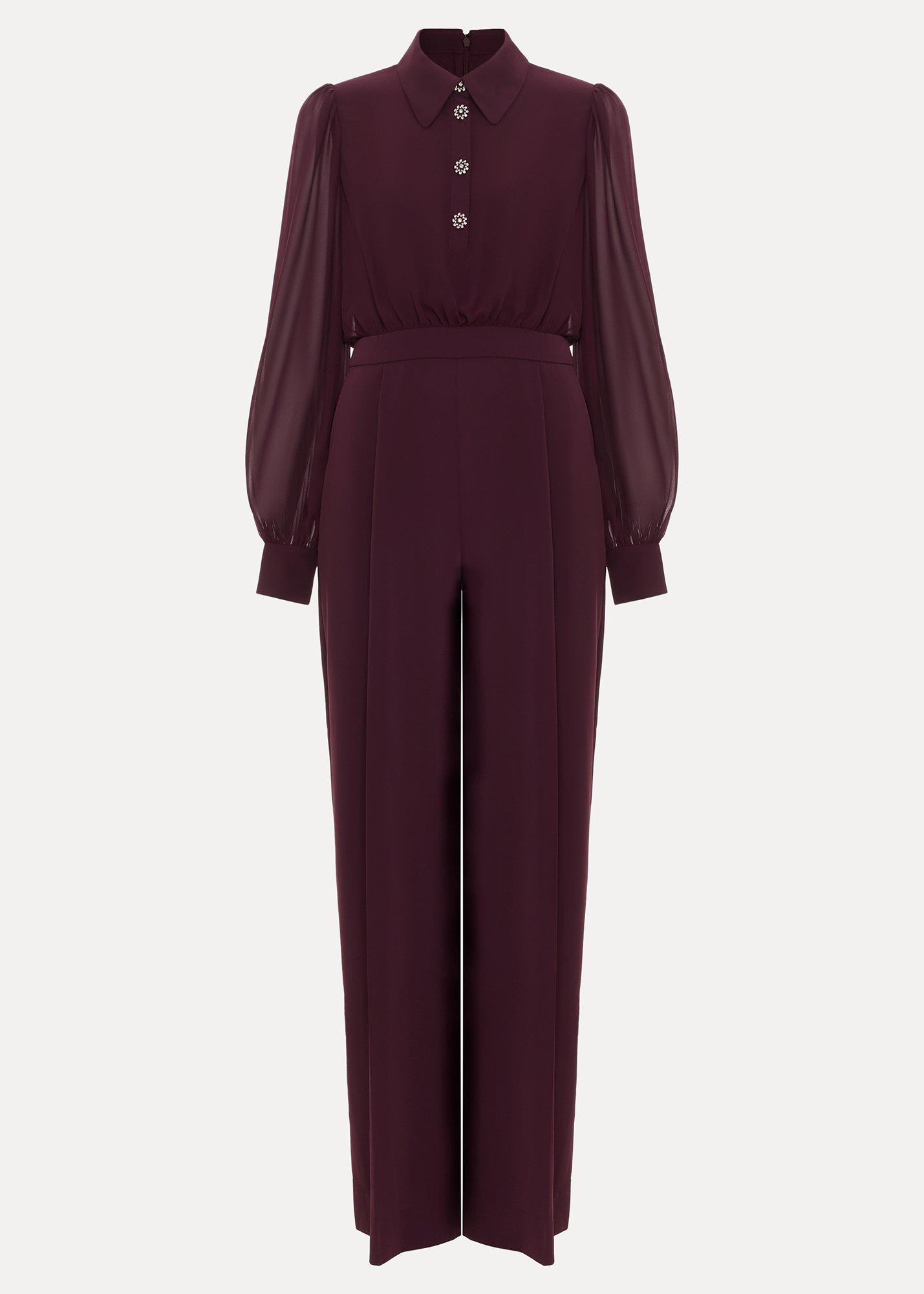 Petite Emily Burgundy Diamonte Button Jumpsuit