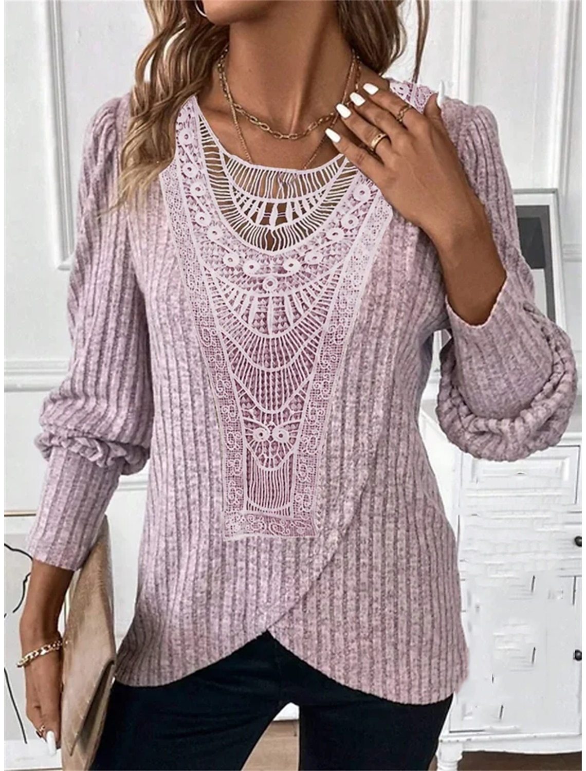 Women's Blouse Dressy Tops Casual Lace Long Sleeve Regular Tops Crew Neck Daily Spring & Fall