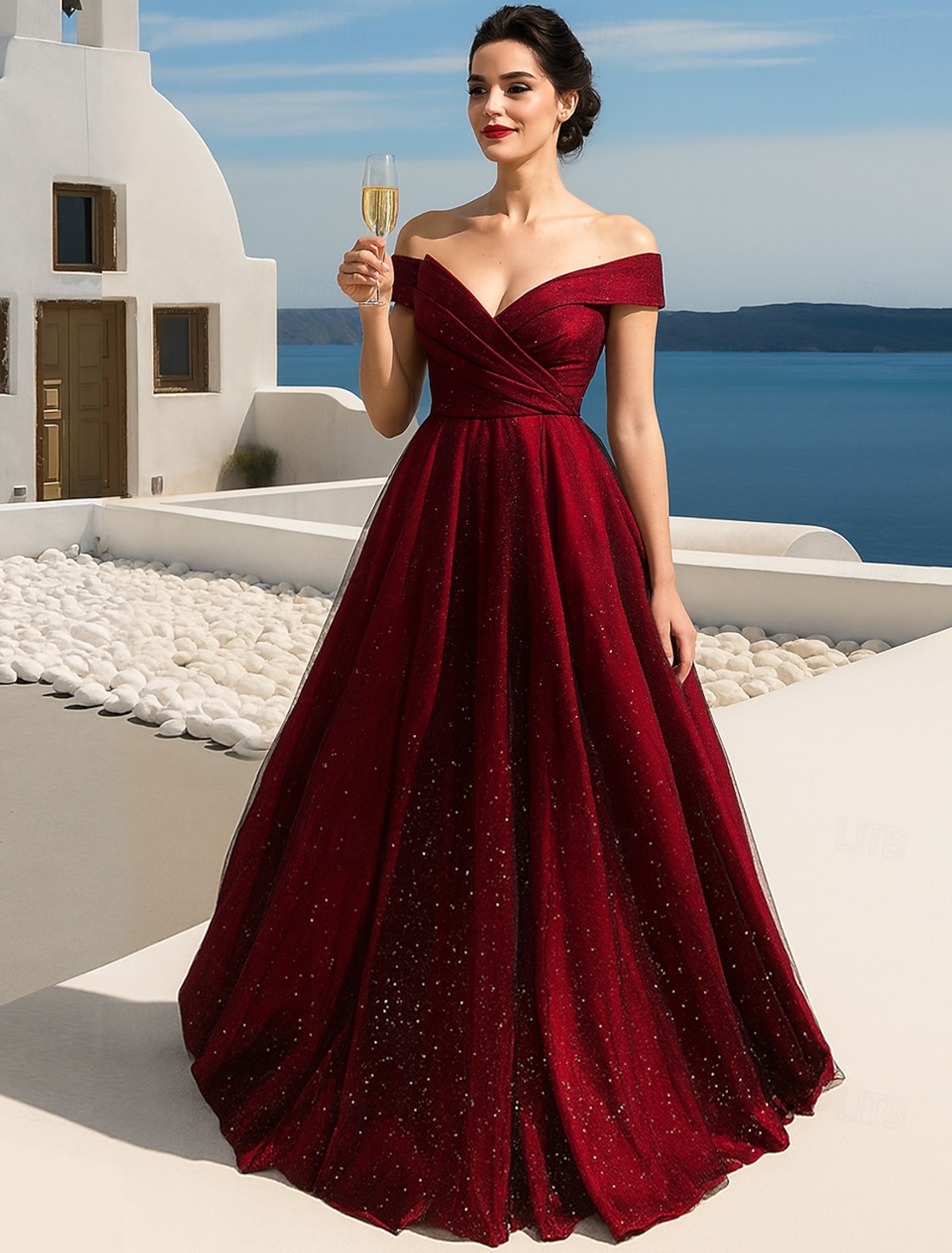 A-Line Floor Length Prom Dresses Elegant Sparkle & Shine Tiered Plisse Short Sleeve Off Shoulder Wedding Guest Party Wear Tulle with Embroidery Tiered