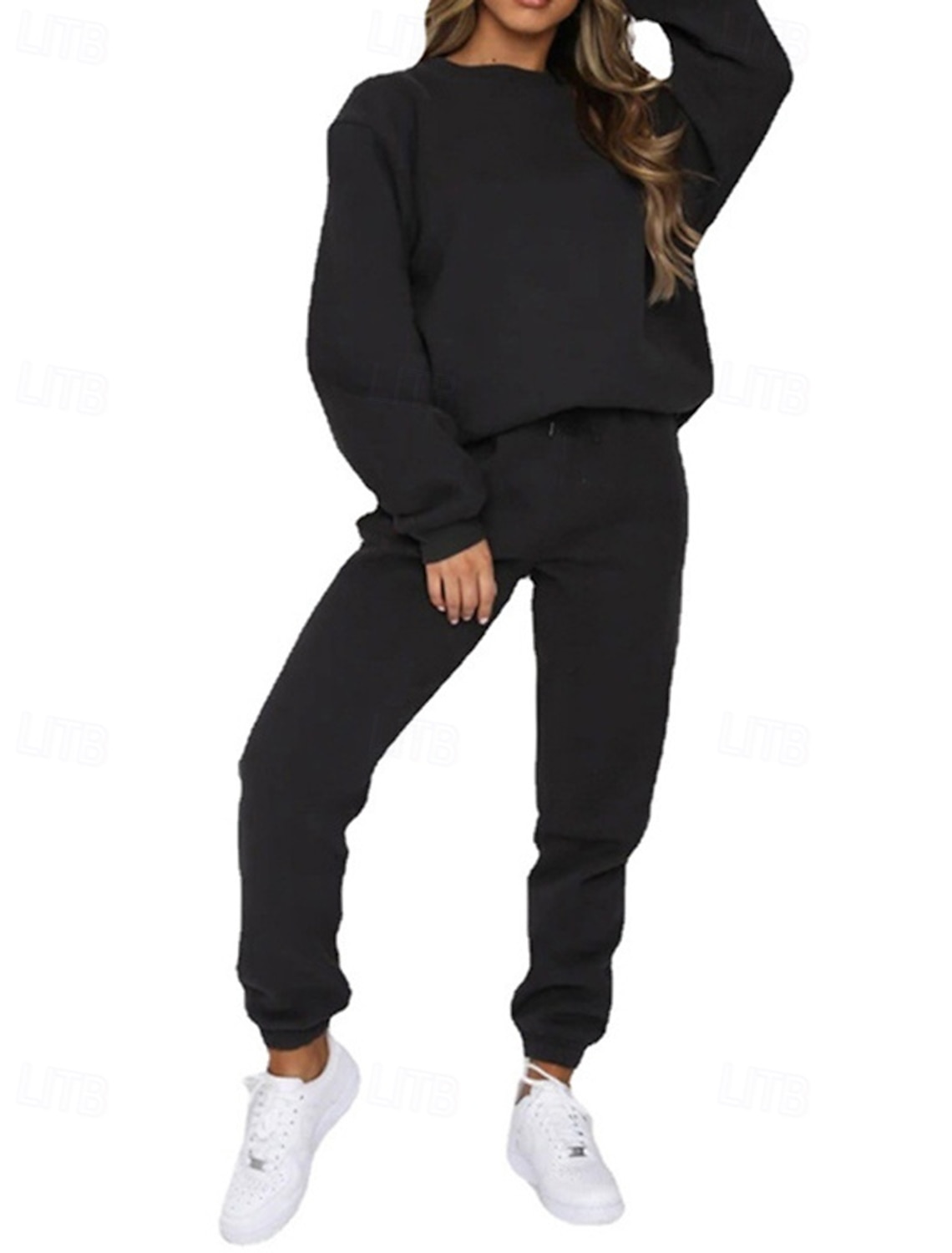Women's Tracksuit Sweatpants Pullover Sweatshirt Pocket Solid Colored Clothing Suit Spring Fall Black White Gym Training Running Windproof Long Sleeve Sport Activewear Micro-elastic Regular Fit