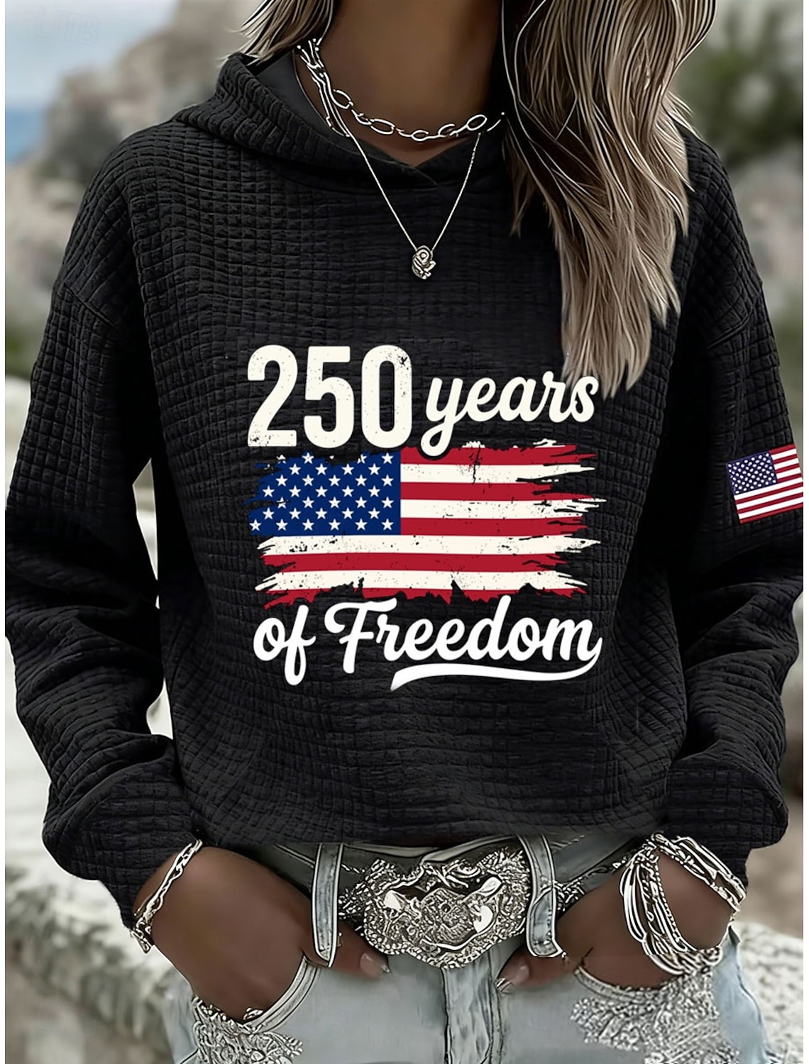 Independence Day American Anniversary Patriotic Women's Pullover Hoodie Sweatshirt Graphic Letter Warm Casual Print Long Sleeve Hooded Casual Street Dailywear Print Black White Red Gray