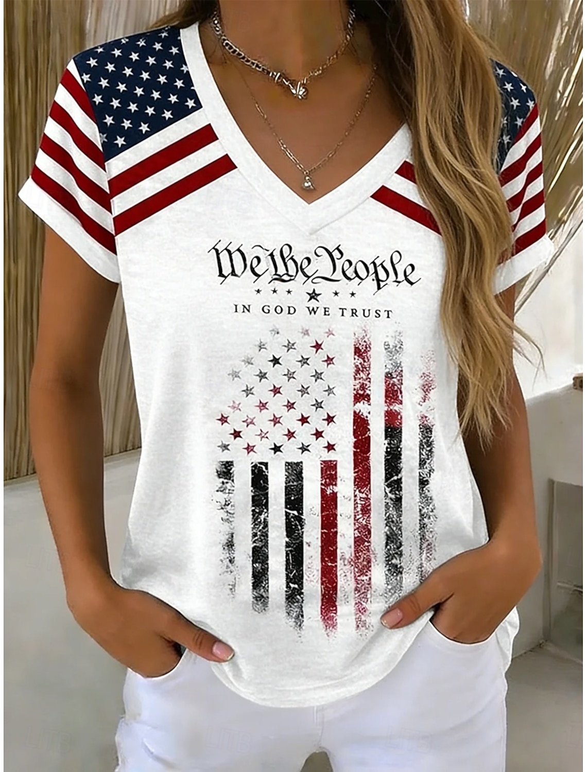 American Independence Day Women's T Shirt Print Graphic American Flag Stylish Classic Casual Short Sleeve V Neck Regular Tops Casual Daily White Brown Summer Spring