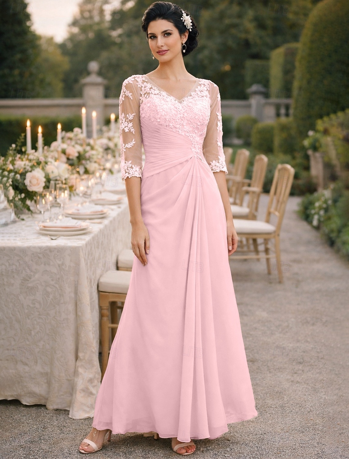 A-Line Floor Length Wedding Guest Dress Formal Dresses Evening Gown Mother of the Bride Dress Half Sleeve V Neck Elegant Plus Size See Through Wedding Guest Chiffon with Appliques Side Draping