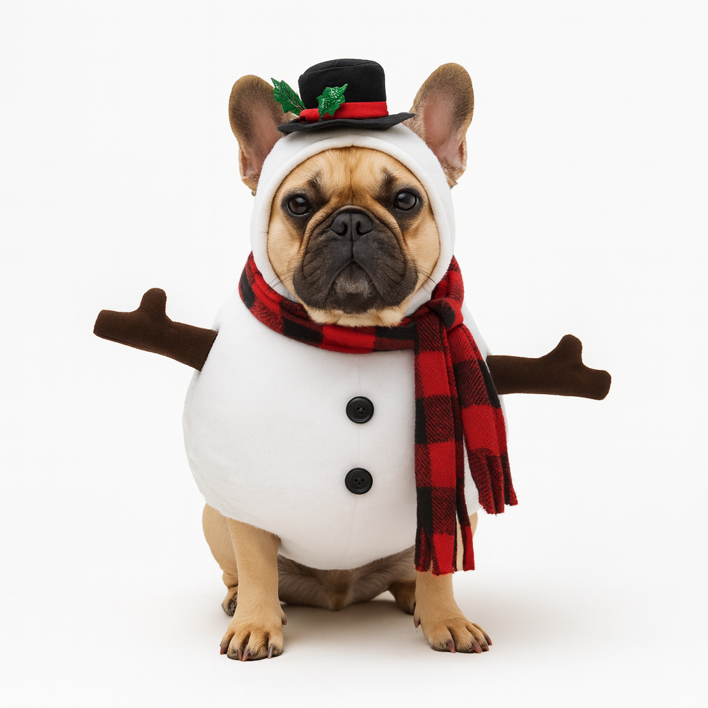 SnoWuff Frenchie Snowman Costume – Christmas Outfit with Hat Scarf Plush Arms