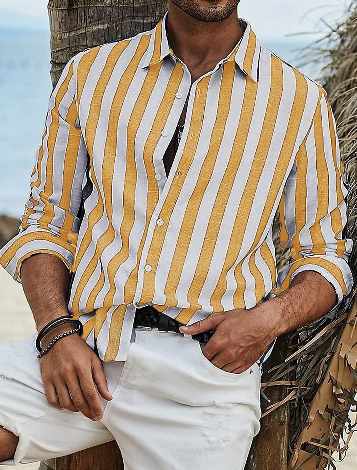 Men's Shirt Linen Shirt Summer Shirt Beach Shirt Cotton Linen Shirt Striped Shirts Striped Vacation Hawaiian Yellow Red Blue Green Long Sleeve Turndown Spring & Fall Clothing Apparel Button-Down