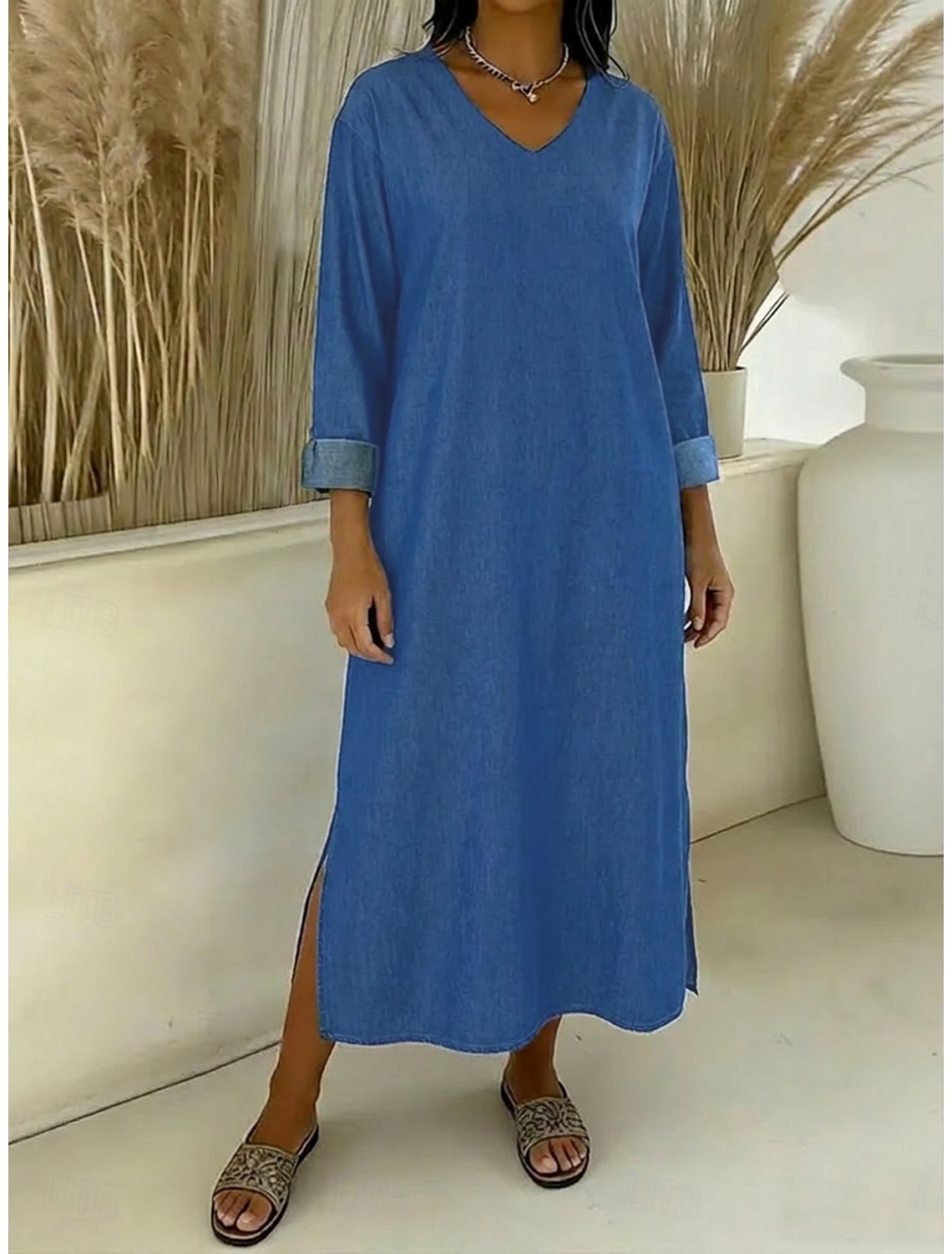 Women's Maxi Dress Vintage Dress Casual Dress Faux Denim Dress Fashion Basic Daily Outdoor Vacation Loose Fit Plain Long Sleeve V Neck Black Dark Blue Summer Spring