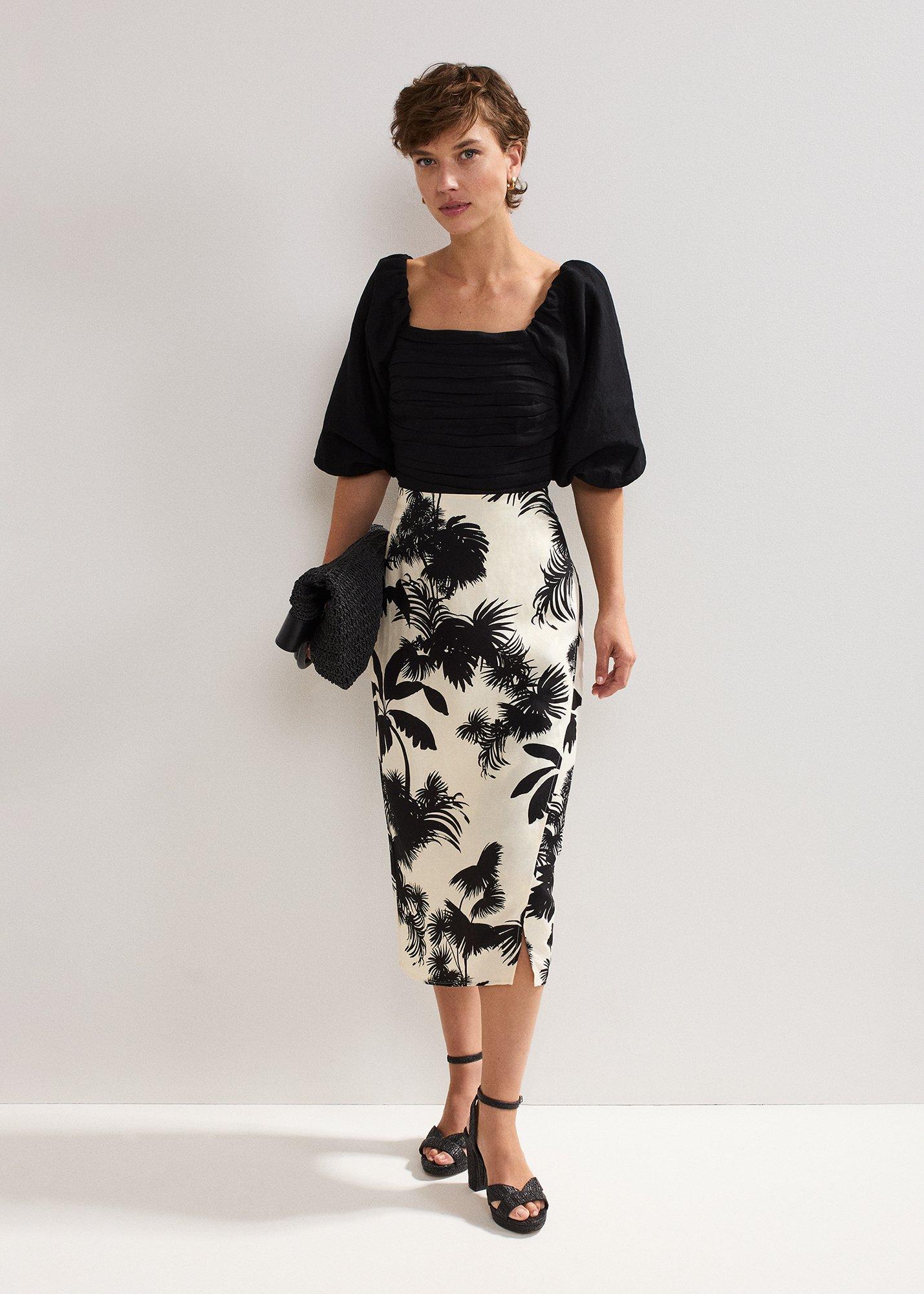 Vittoria Linen Blend Leaf Print Skirt