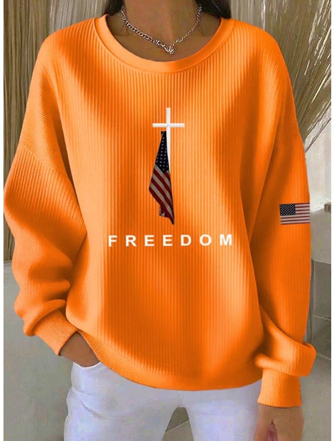 Independence Day Patriotic Women's Zip Up Sweatshirts Geometric Striped Active Fashion Casual Long Sleeve Crew Neck Regular Tops Street Dailywear Zipper Print White Spring Fall Winter